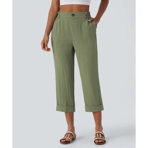 NWT Halara High Waisted Zipper Pocket Capri Linen-Feel Pants Catkin Green, L